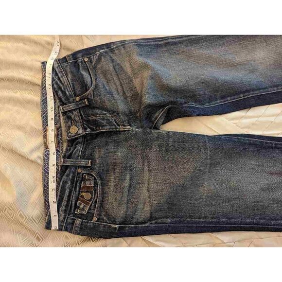 PAIGE sz 27 boot cut color distressed dark wash single button jeans euc - Picture 5 of 6